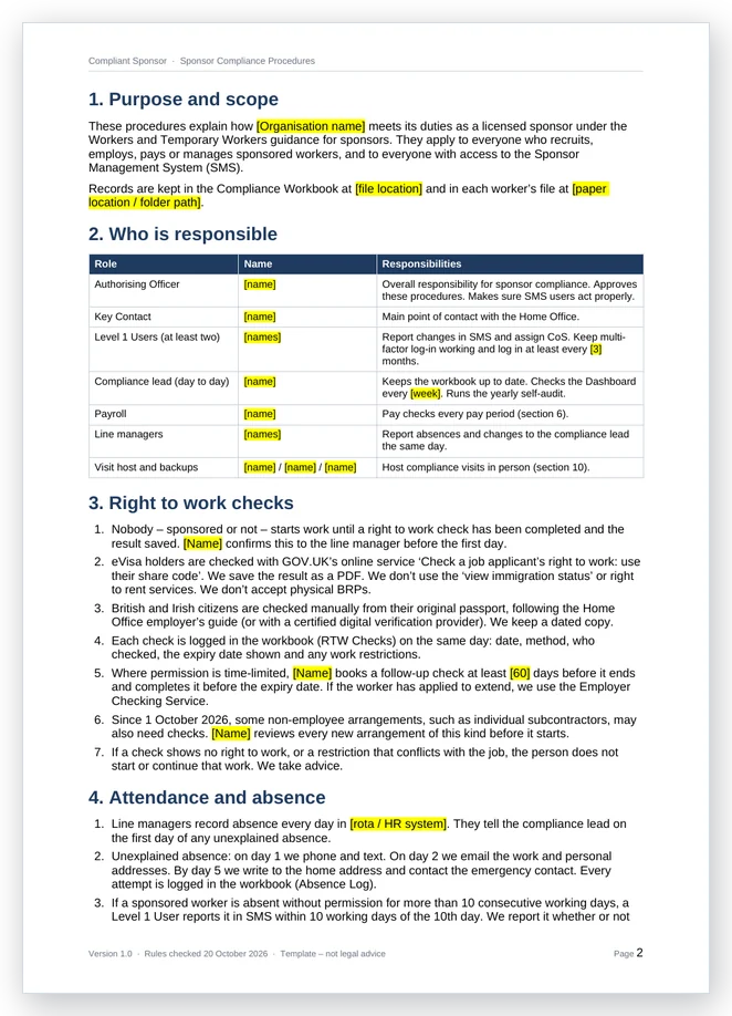 A page of the procedures template, with the fields to fill in highlighted in yellow.